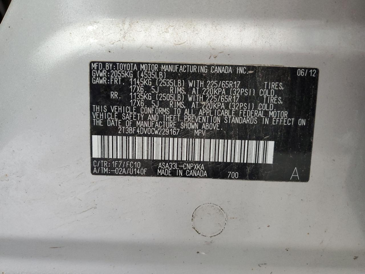 2012 Toyota Rav4 VIN: 2T3BF4DV0CW229167 Lot: 63920354