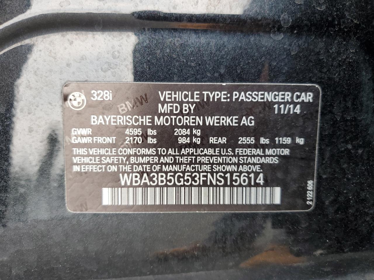 2015 BMW 328 Xi Sulev VIN: WBA3B5G53FNS15614 Lot: 65009544