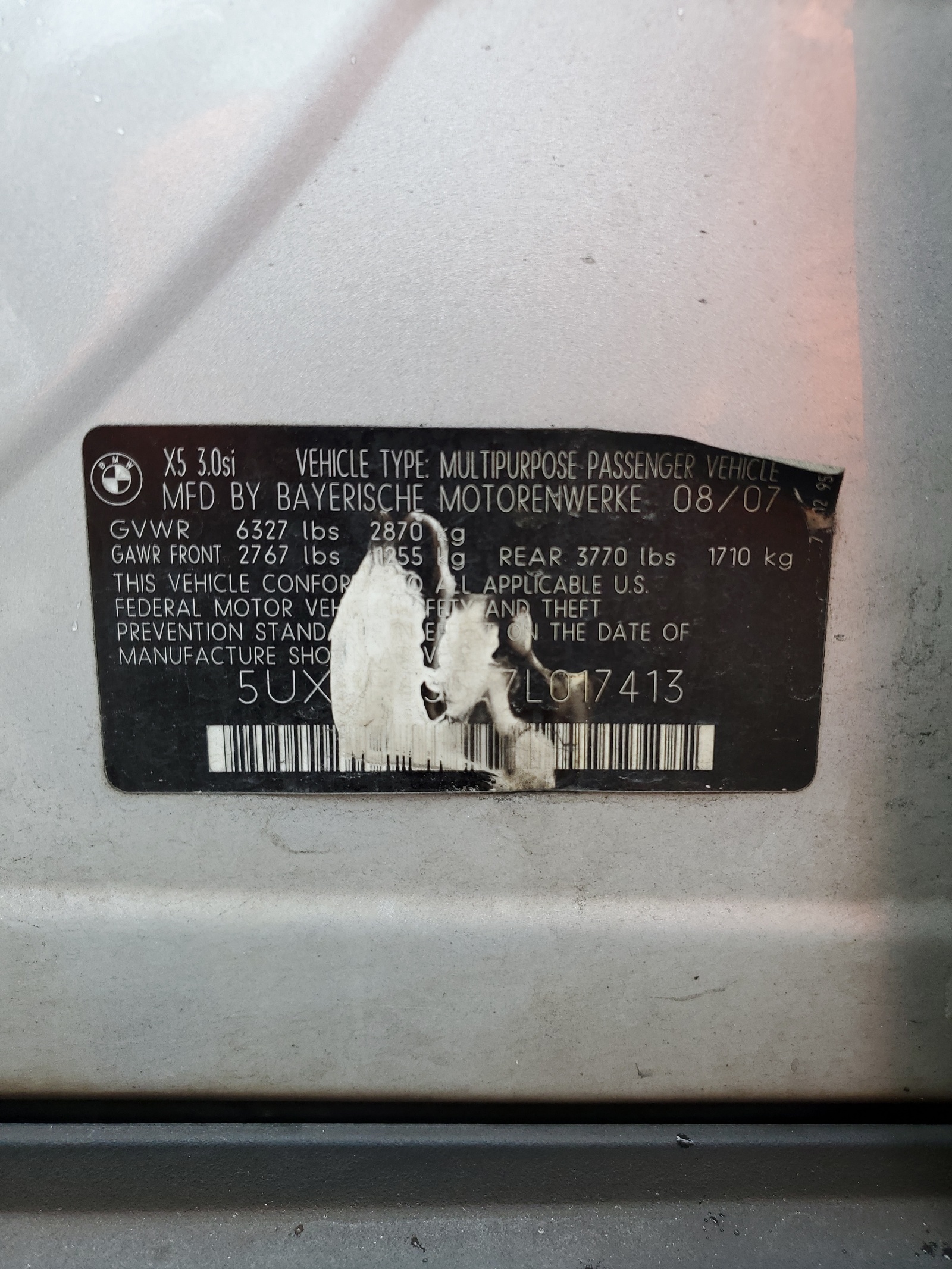 5UXFE43577L017413 2007 BMW X5 3.0I