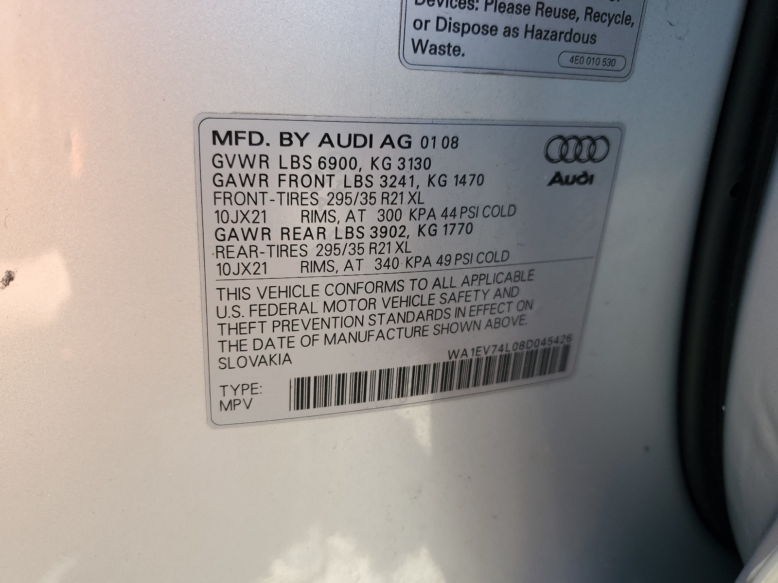 WA1EV74L08D045426 2008 Audi Q7 4.2 Quattro S-Line