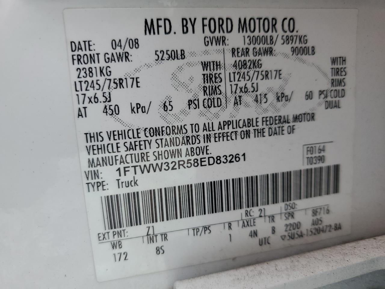 2008 Ford F350 Super Duty VIN: 1FTWW32R58ED83261 Lot: 62528674