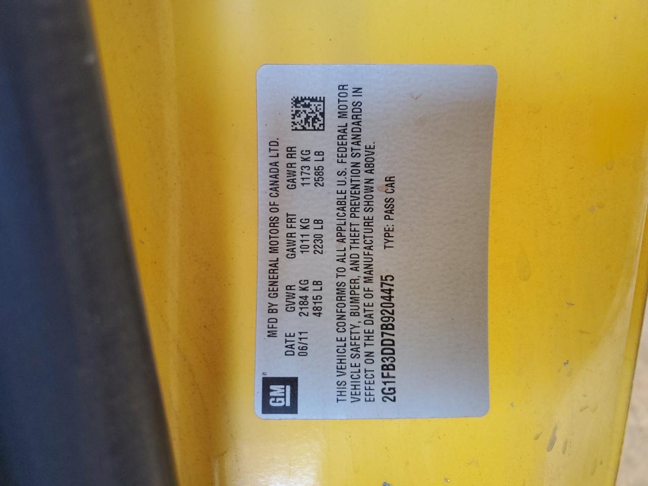 2011 Chevrolet Camaro Lt VIN: 2G1FB3DD7B9204475 Lot: 64794554