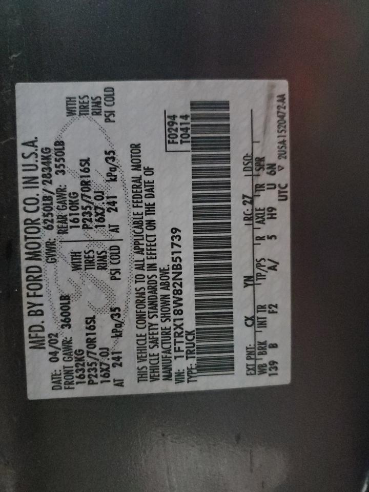 2002 Ford F150 VIN: 1FTRX18W82NB51739 Lot: 62889484