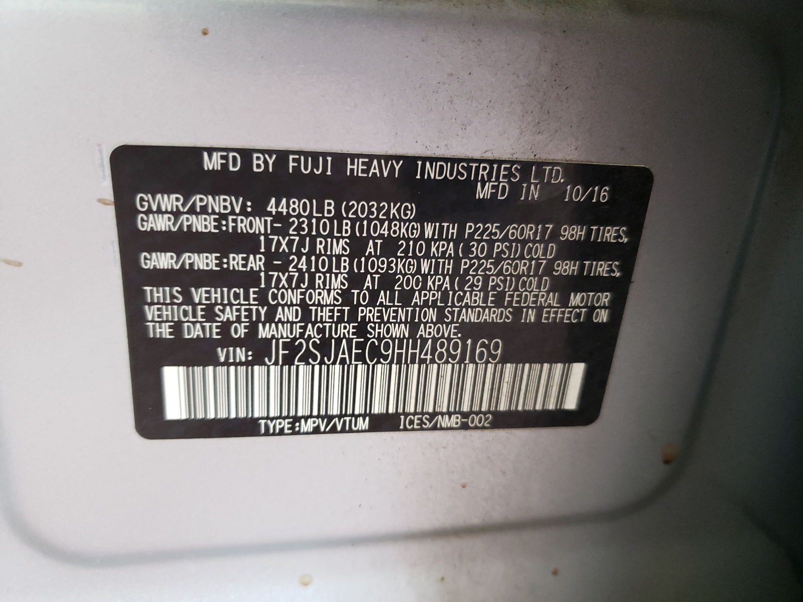 JF2SJAEC9HH489169 2017 Subaru Forester 2.5I Premium