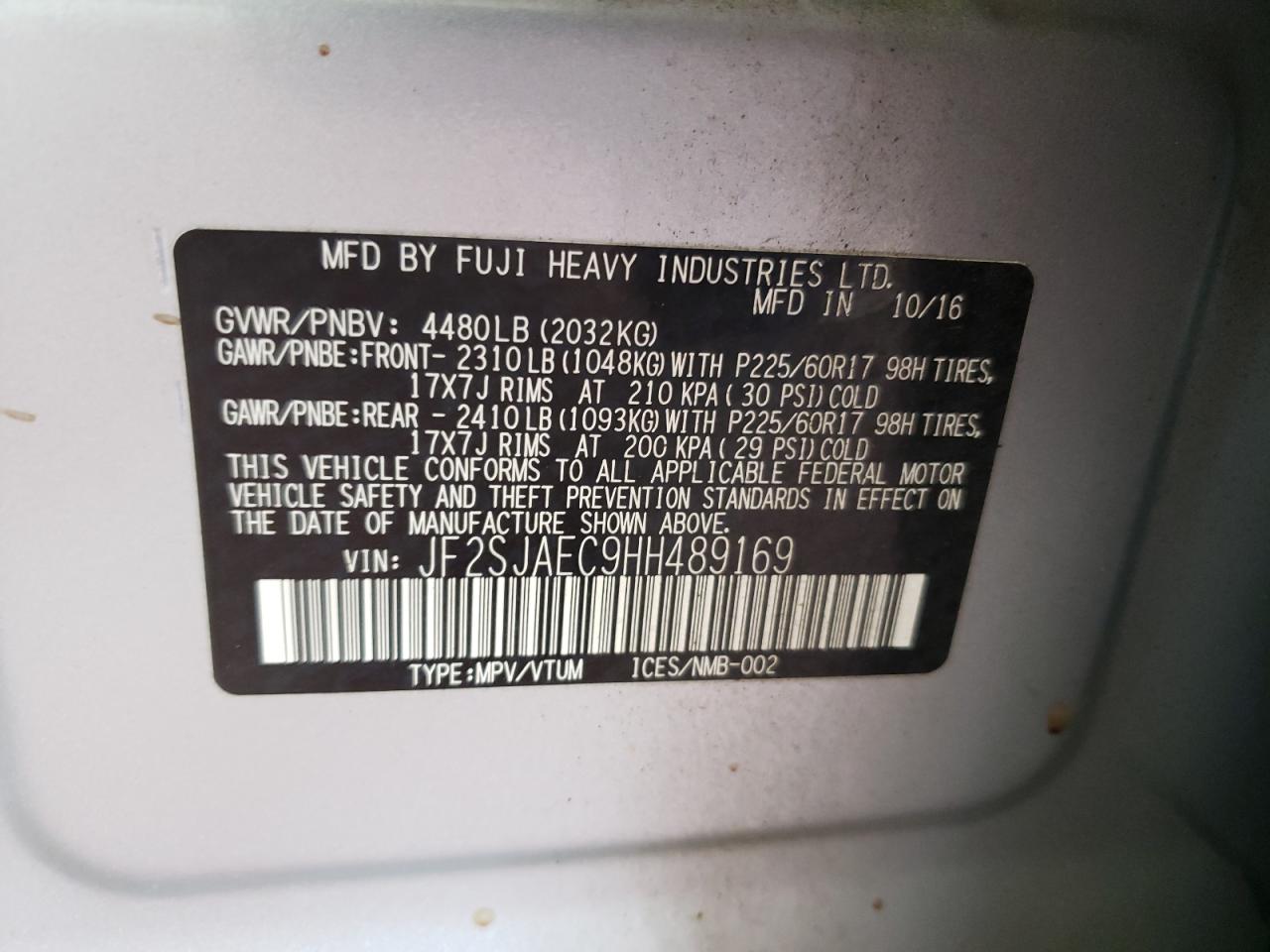 2017 Subaru Forester 2.5I Premium VIN: JF2SJAEC9HH489169 Lot: 65167954