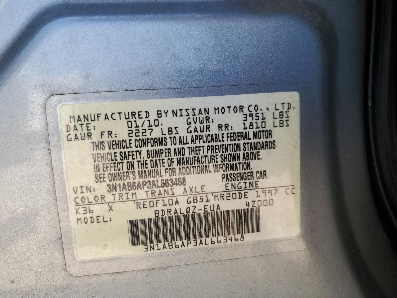 3N1AB6AP3AL663468 2010 Nissan Sentra 2.0