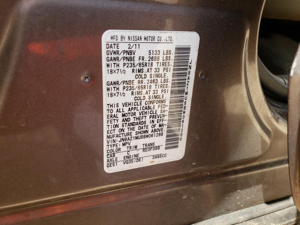 2011 Nissan Murano S VIN: JN8AZ1MU8BW061288 Lot: 61209434