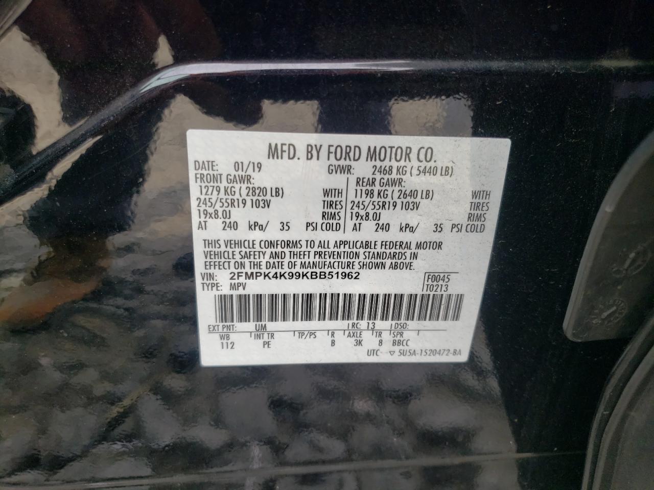 2019 Ford Edge Titanium VIN: 2FMPK4K99KBB51962 Lot: 64006854