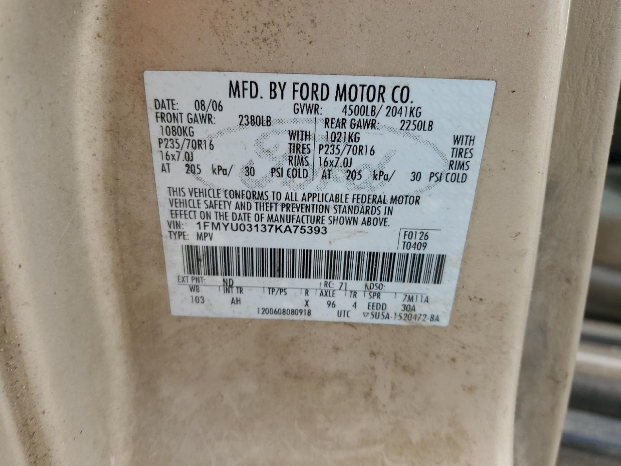 2007 Ford Escape Xlt VIN: 1FMYU03137KA75393 Lot: 64202524