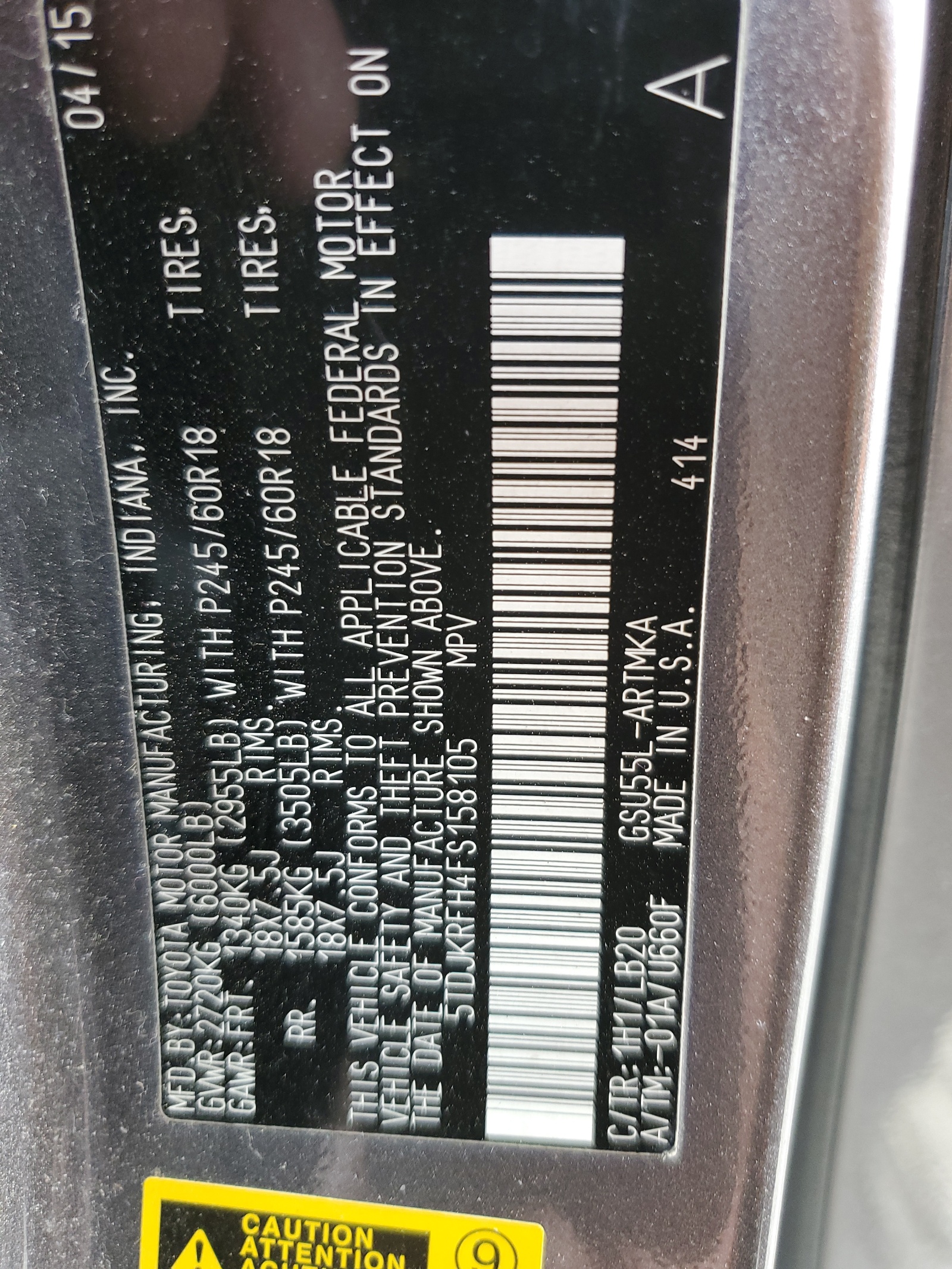 5TDJKRFH4FS158105 2015 Toyota Highlander Xle