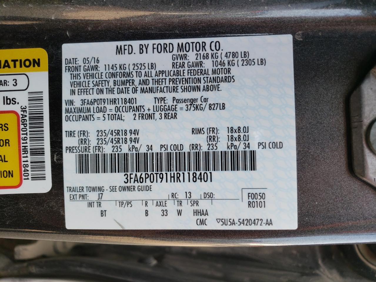 2017 Ford Fusion Se VIN: 3FA6P0T91HR118401 Lot: 62880264