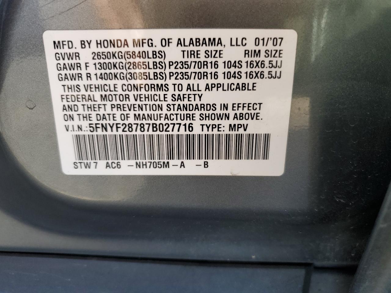 2007 Honda Pilot Exl VIN: 5FNYF28787B027716 Lot: 62145434