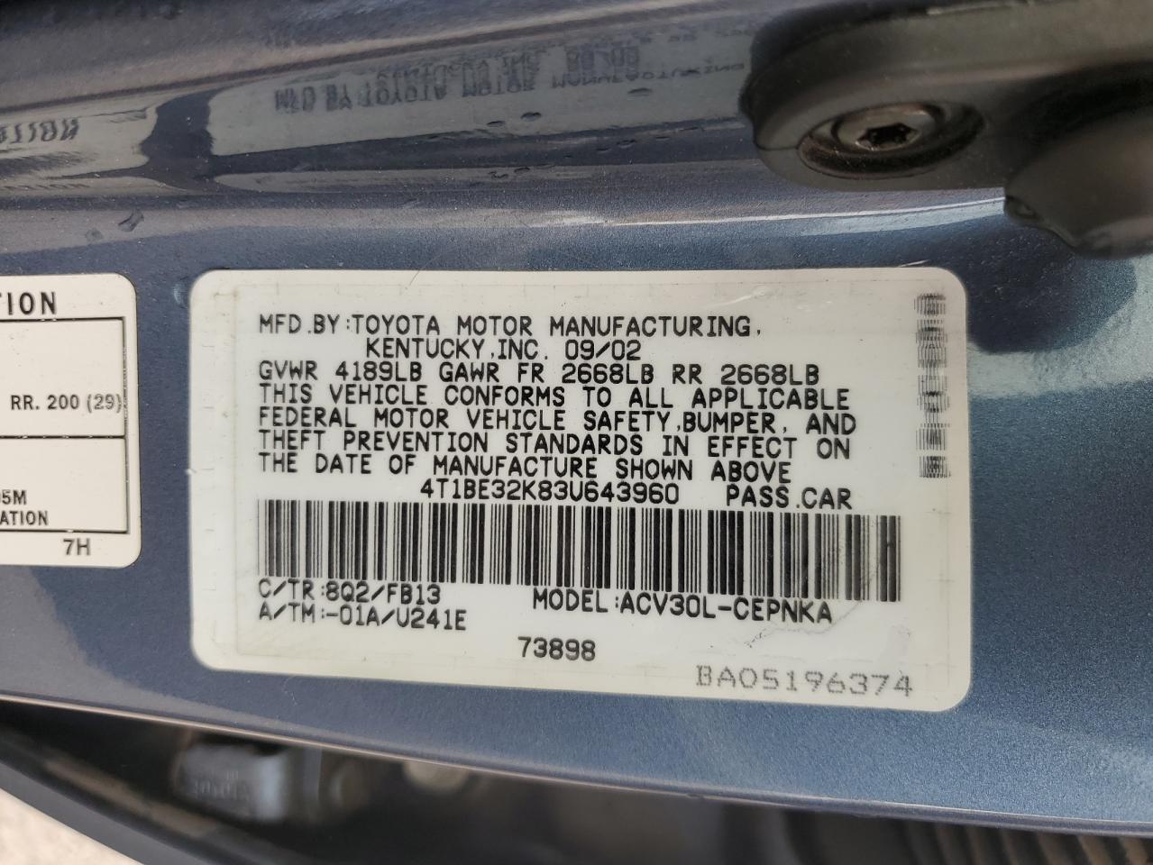 2003 Toyota Camry Le VIN: 4T1BE32K83U643960 Lot: 63440274