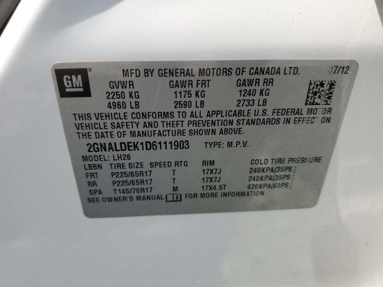 2GNALDEK1D6111903 2013 Chevrolet Equinox Lt