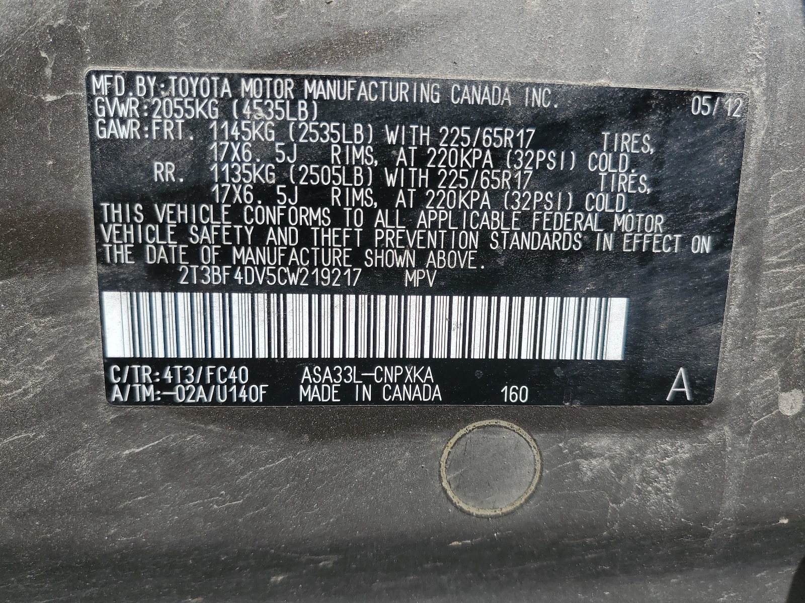 2T3BF4DV5CW219217 2012 Toyota Rav4