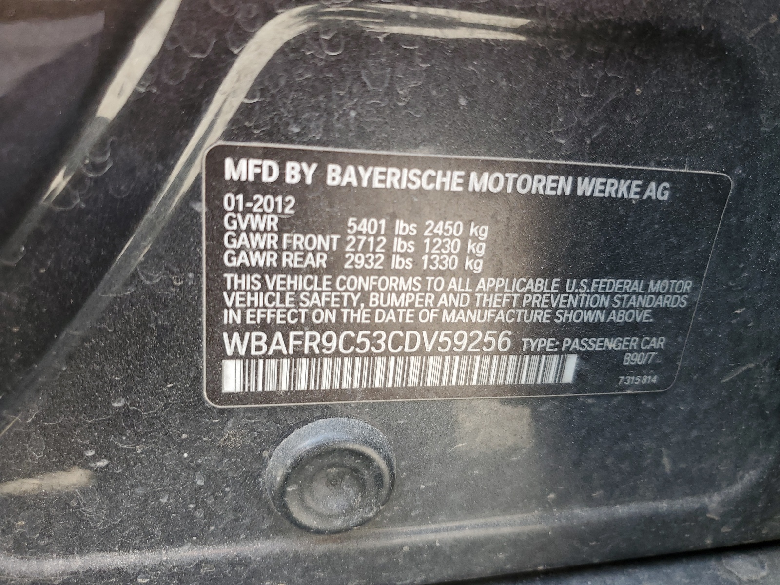 WBAFR9C53CDV59256 2012 BMW 550 I