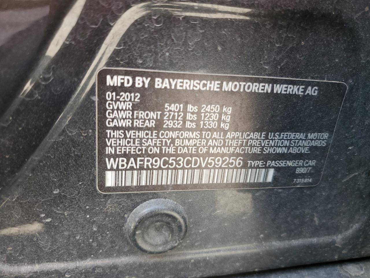 2012 BMW 550 I VIN: WBAFR9C53CDV59256 Lot: 64469274