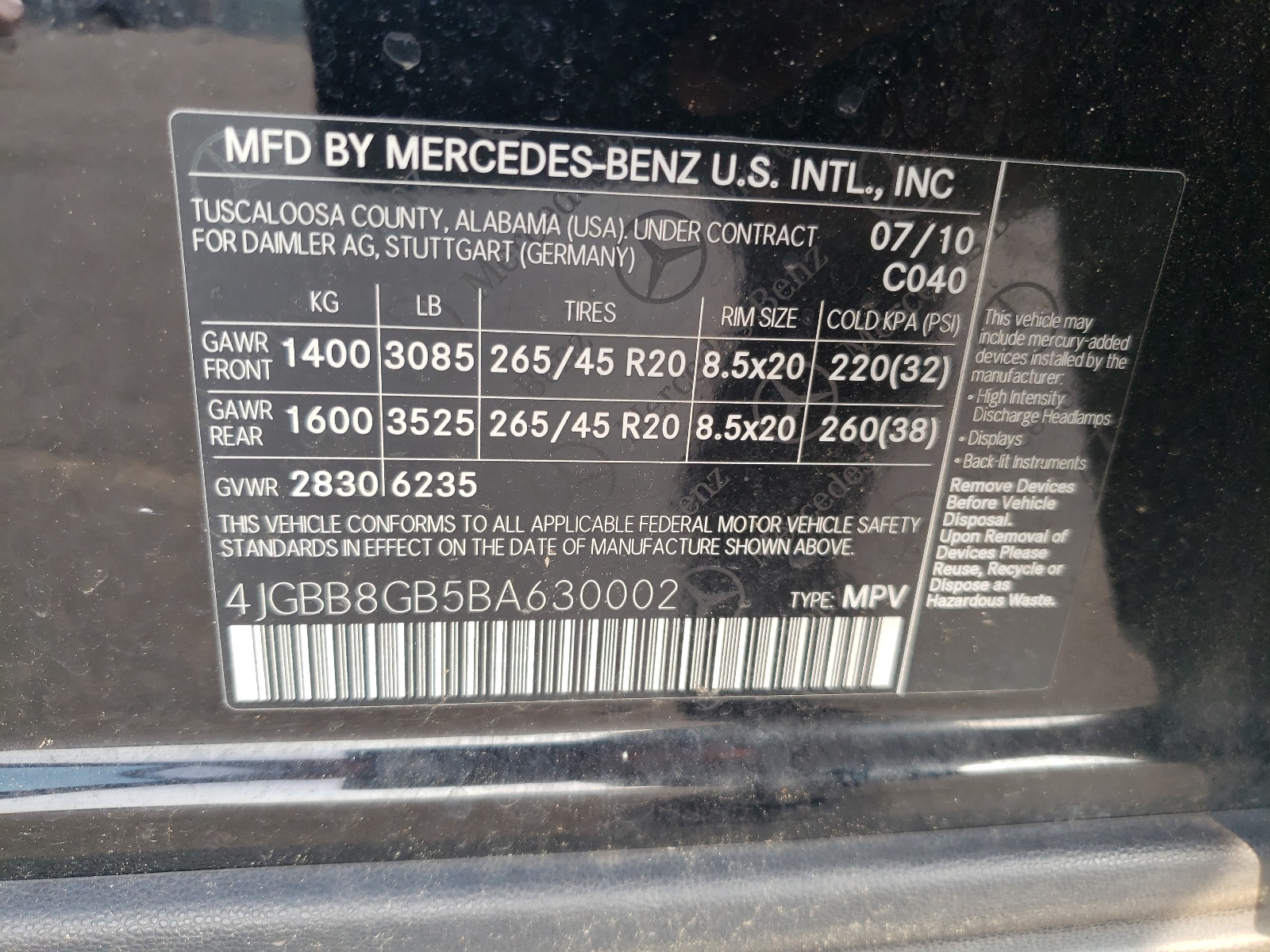 4JGBB8GB5BA630002 2011 Mercedes-Benz Ml 350 4Matic