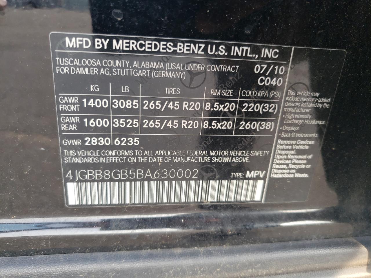 2011 Mercedes-Benz Ml 350 4Matic VIN: 4JGBB8GB5BA630002 Lot: 65211254