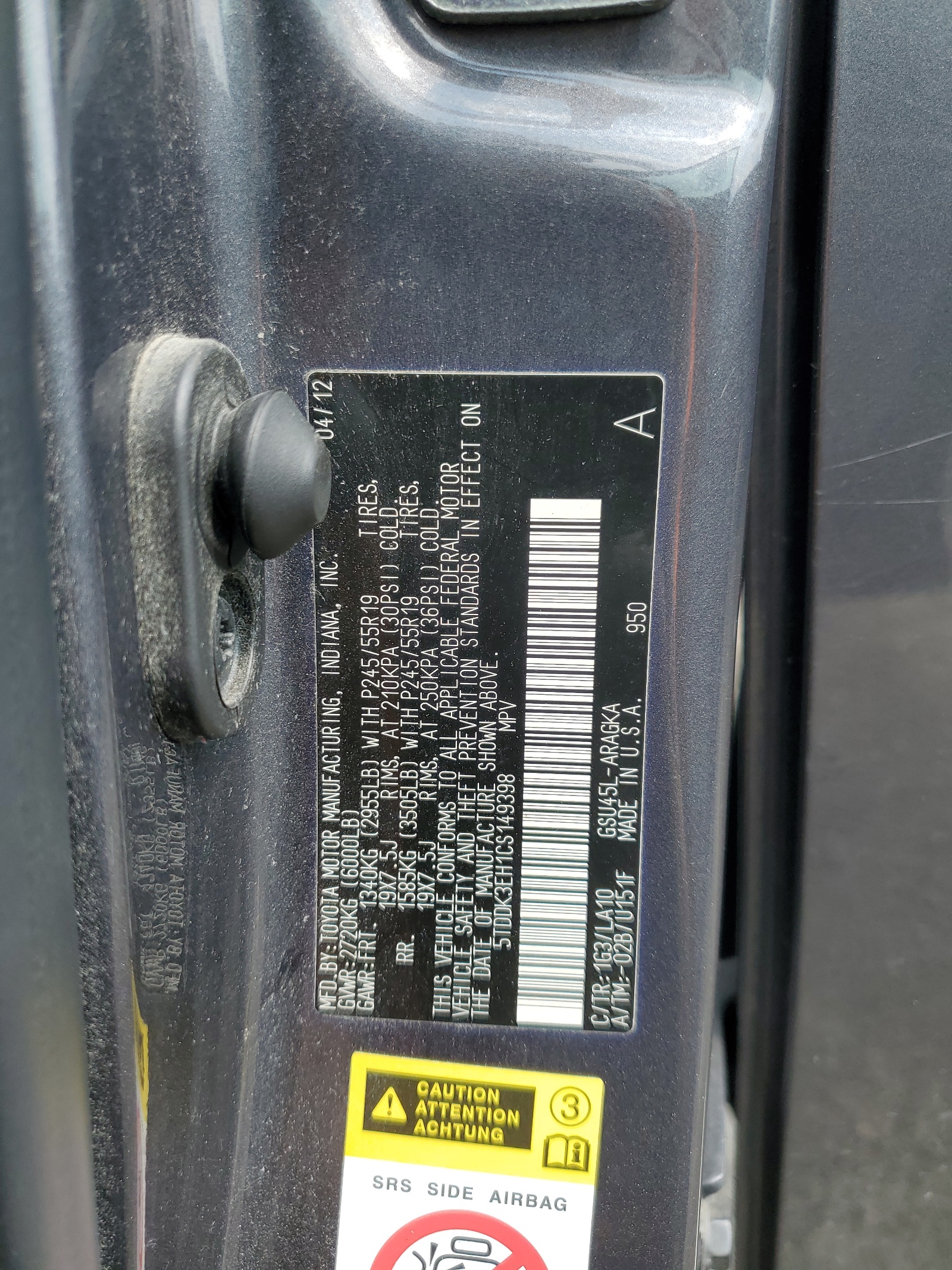 5TDDK3EH1CS149398 2012 Toyota Highlander Limited