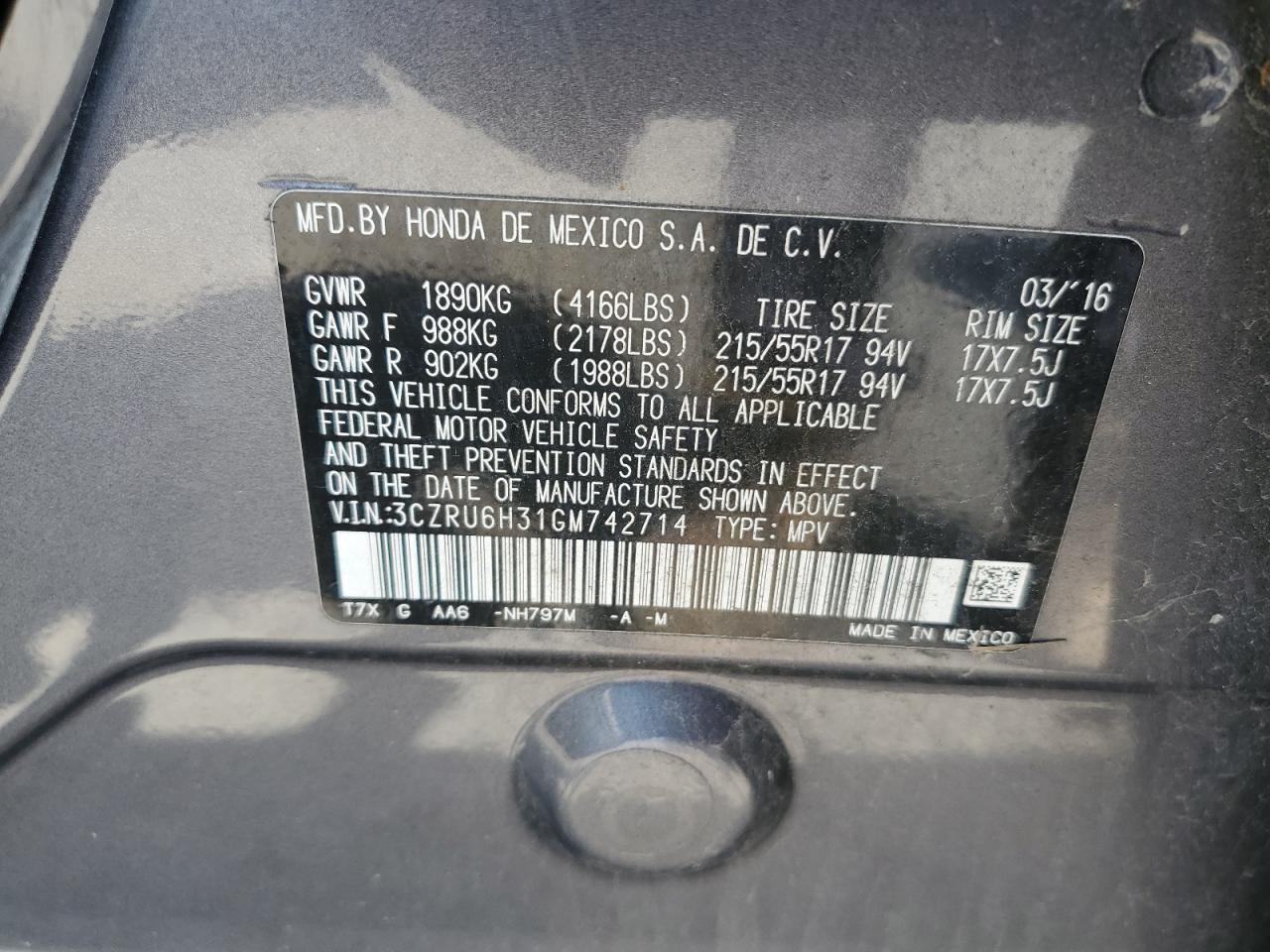 2017 Honda Hr-V Lx VIN: 3CZRU6H31GM742714 Lot: 61684204