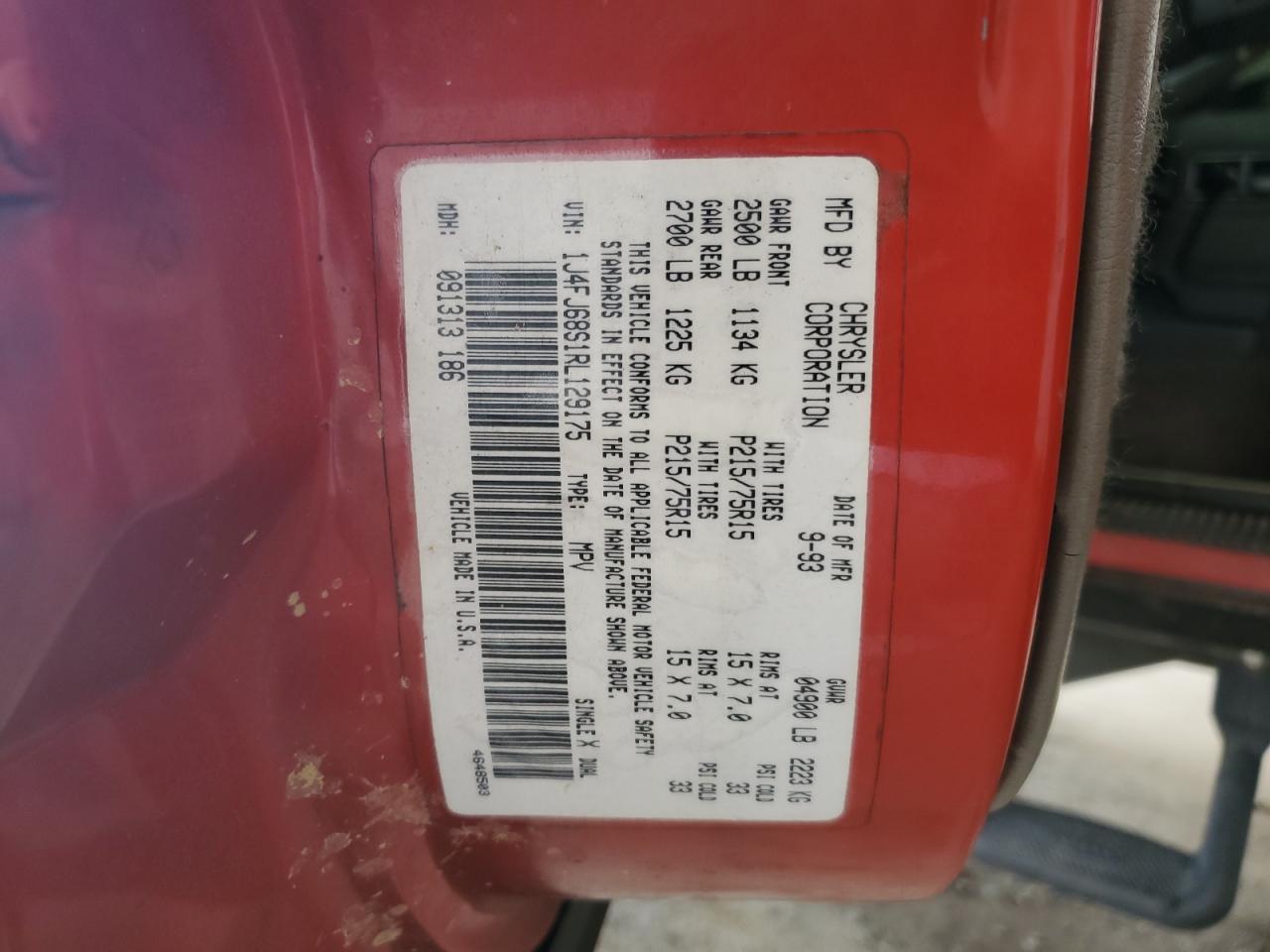 1994 Jeep Cherokee Sport VIN: 1J4FJ68S1RL129175 Lot: 63598374