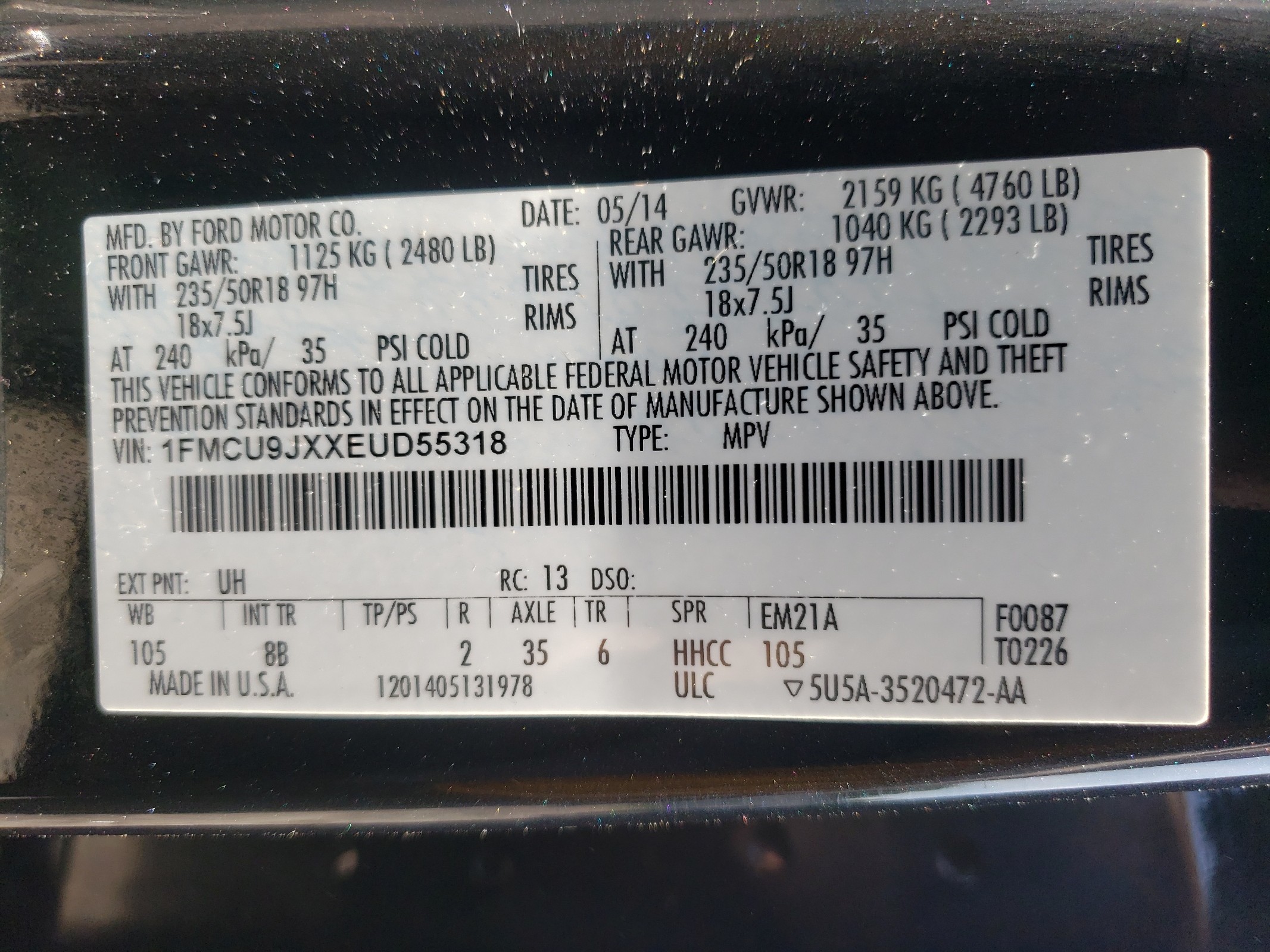 1FMCU9JXXEUD55318 2014 Ford Escape Titanium