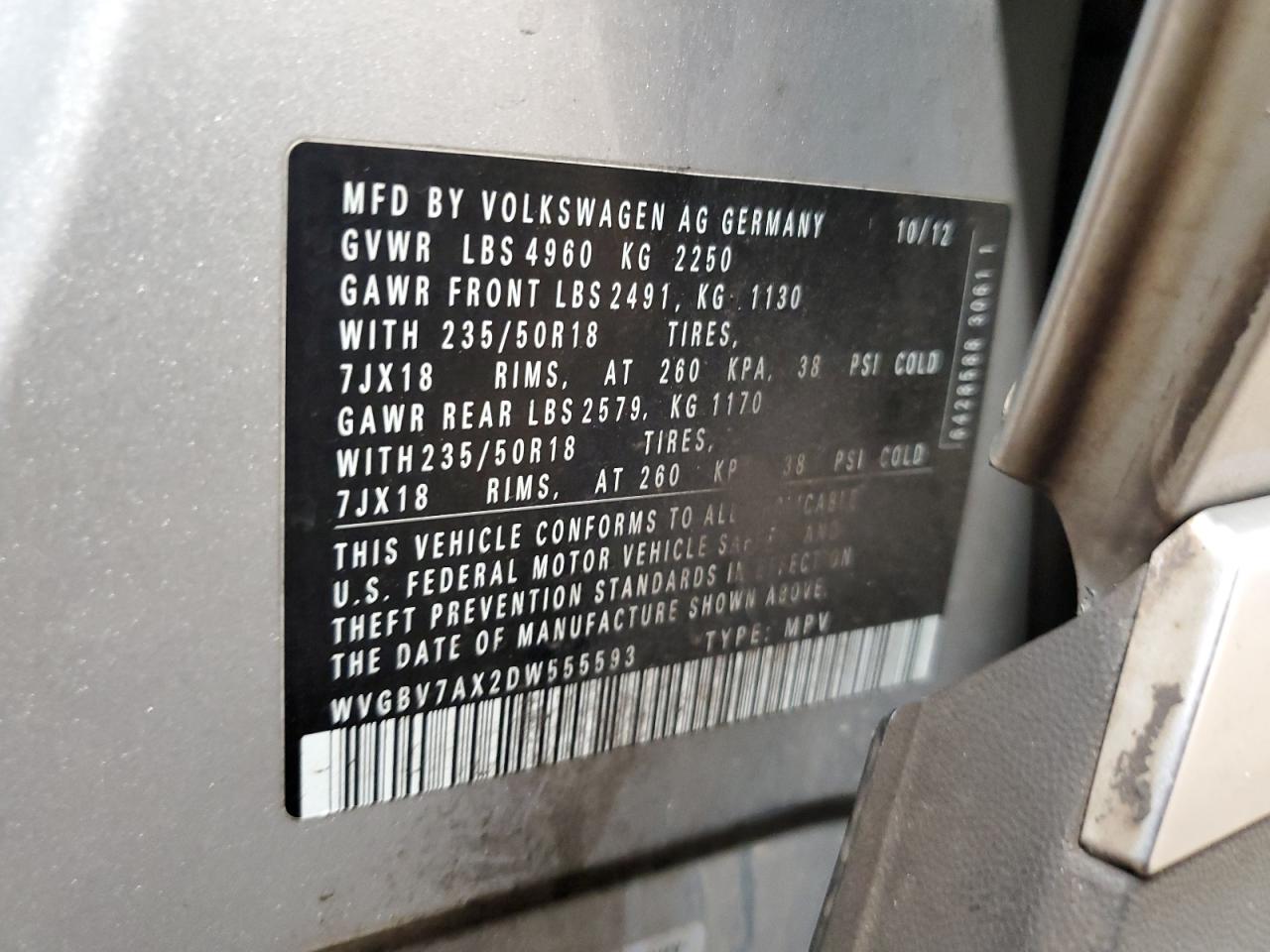 2013 Volkswagen Tiguan S VIN: WVGBV7AX2DW555593 Lot: 64755244