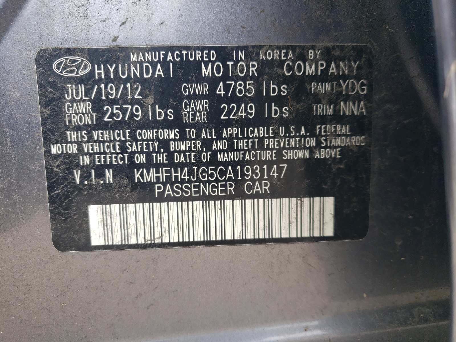 2012 Hyundai Azera Gls vin: KMHFH4JG5CA193147