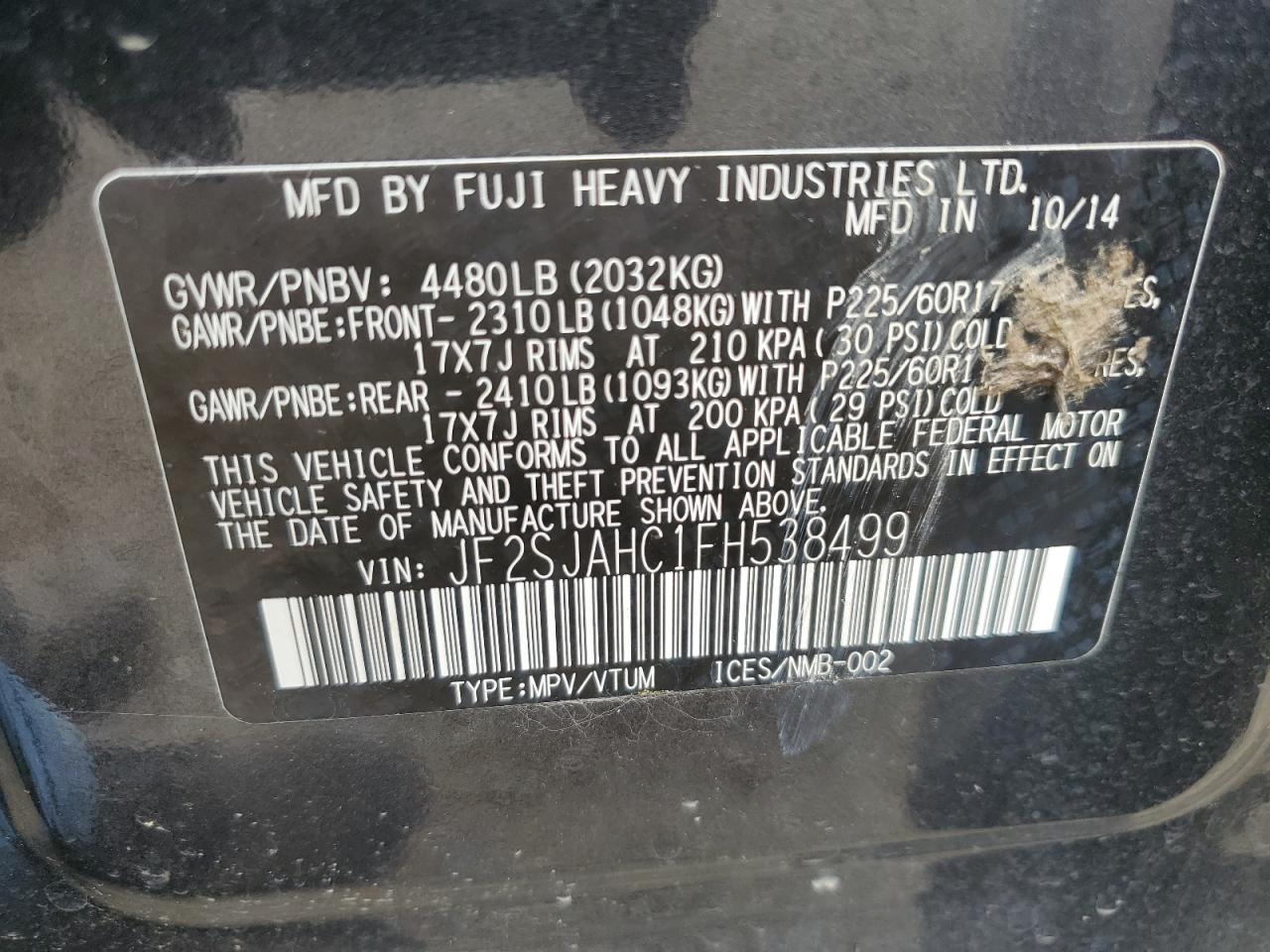 2015 Subaru Forester 2.5I Limited VIN: JF2SJAHC1FH538499 Lot: 65091764