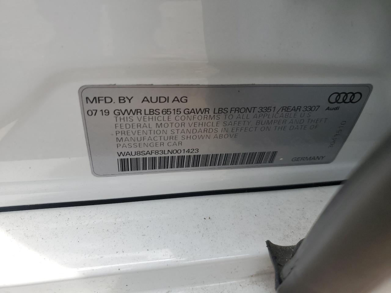 2020 Audi S8 VIN: WAU8SAF83LN001423 Lot: 65735514