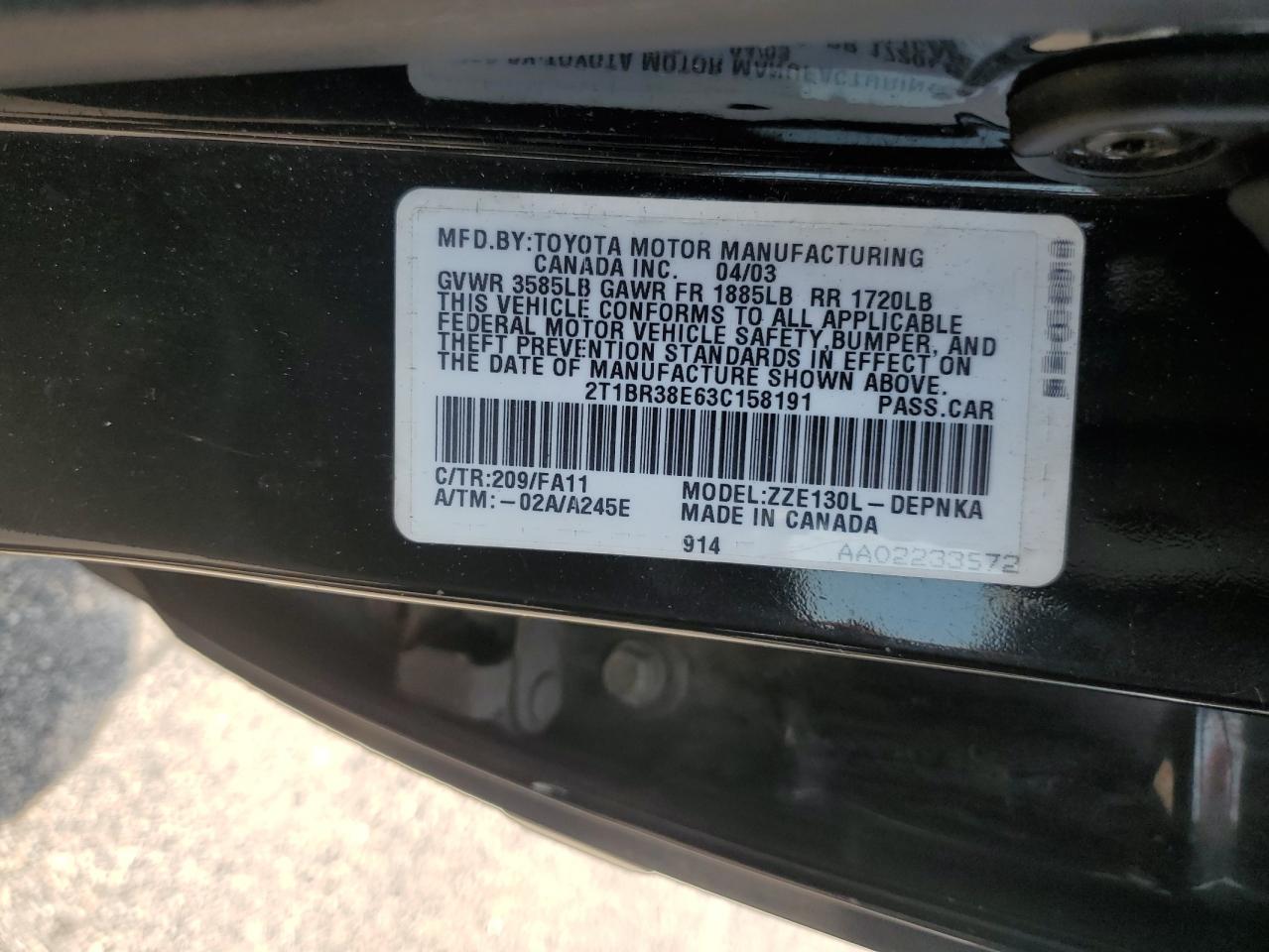 2003 Toyota Corolla Ce VIN: 2T1BR38E63C158191 Lot: 63304694