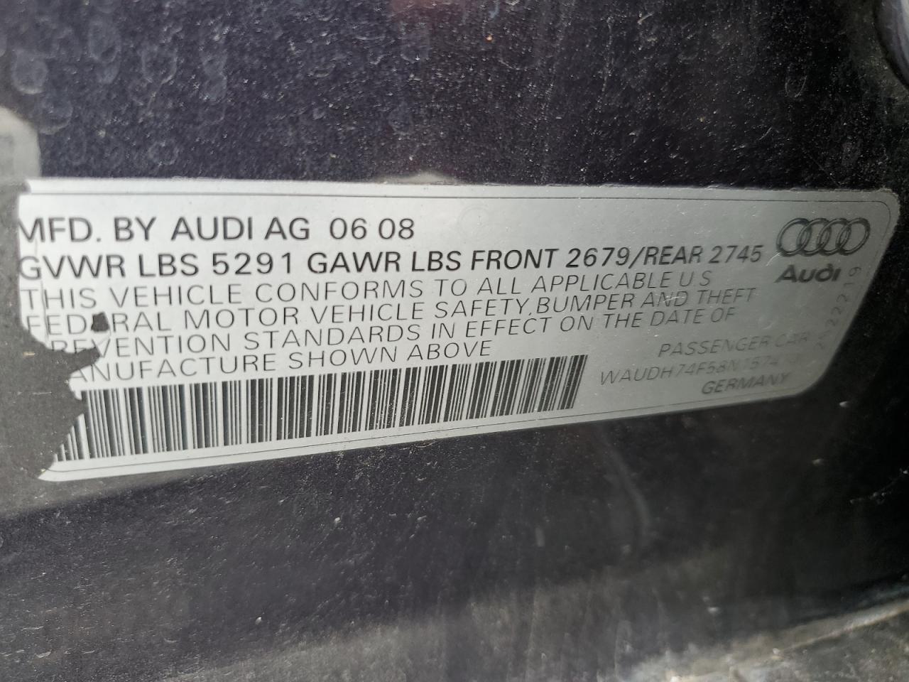 2008 Audi A6 3.2 Quattro VIN: WAUDH74F58N157410 Lot: 64138204