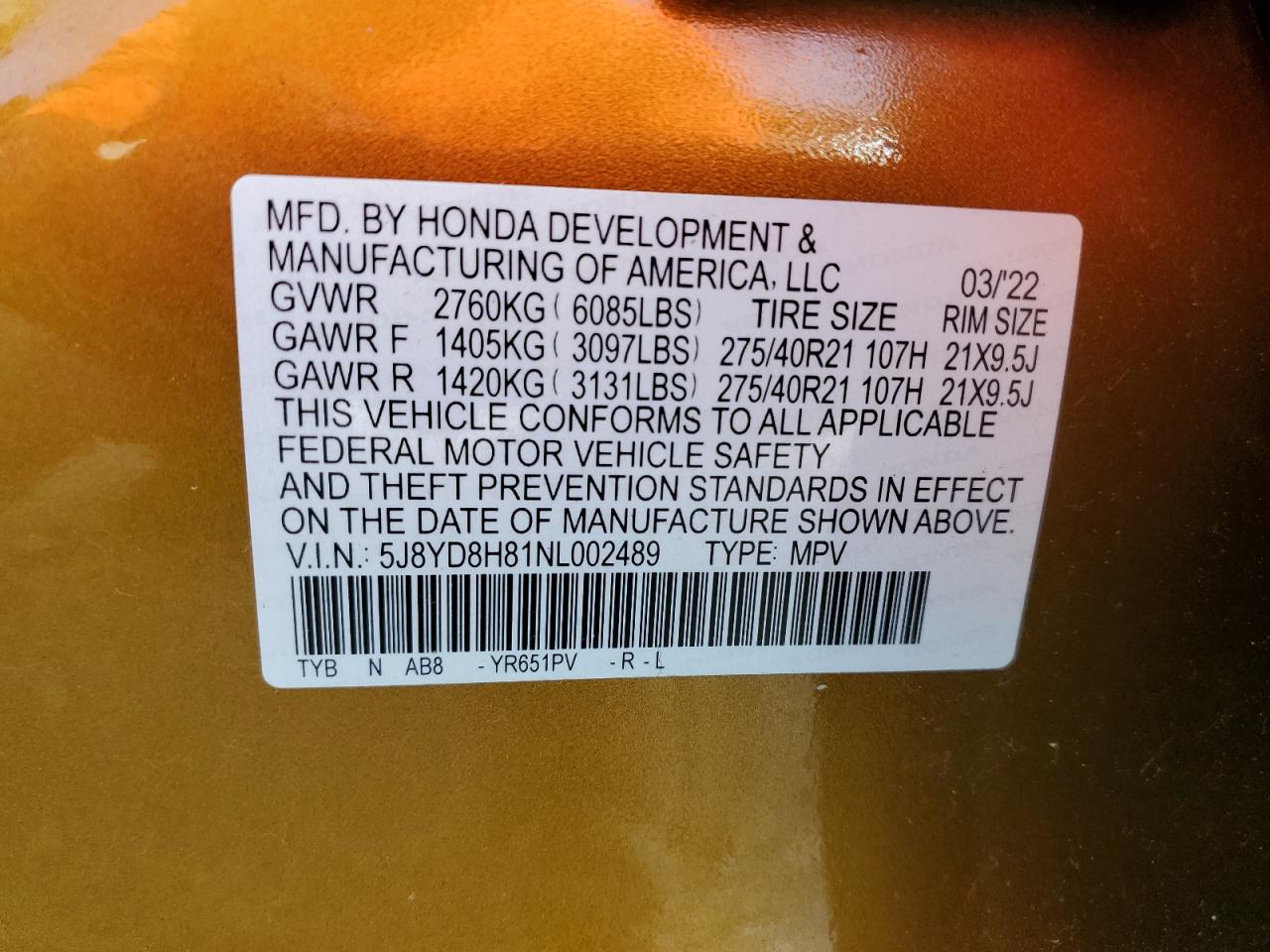 2022 Acura Mdx Type S Advance VIN: 5J8YD8H81NL002489 Lot: 61861194