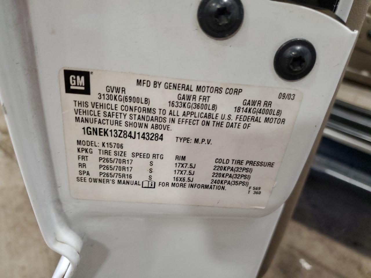 2004 Chevrolet Tahoe K1500 VIN: 1GNEK13Z84J143284 Lot: 63981184