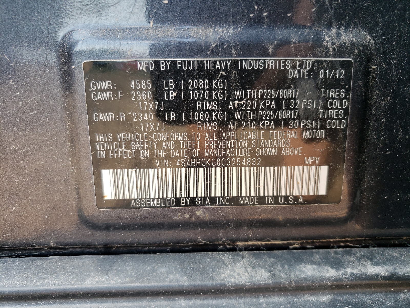 4S4BRCKC0C3254832 2012 Subaru Outback 2.5I Limited