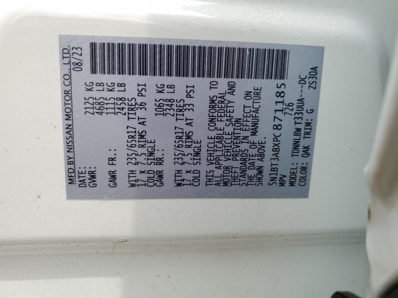 2023 Nissan Rogue S VIN: 5N1BT3ABXPC871185 Lot: 64367804