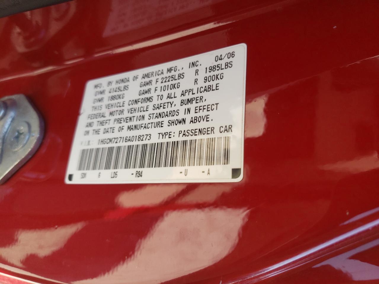 2006 Honda Accord Ex VIN: 1HGCM72716A018273 Lot: 63451464