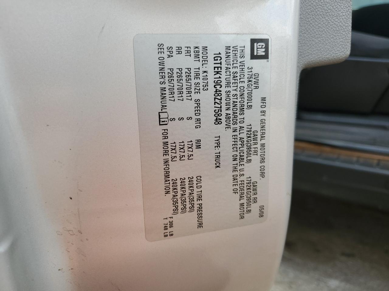 2008 GMC Sierra K1500 VIN: 1GTEK19C48Z275848 Lot: 63848534