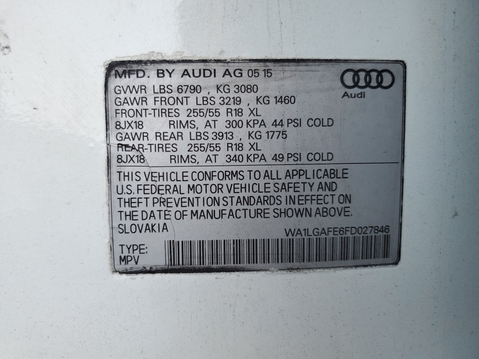 WA1LGAFE6FD027846 2015 Audi Q7 Premium Plus