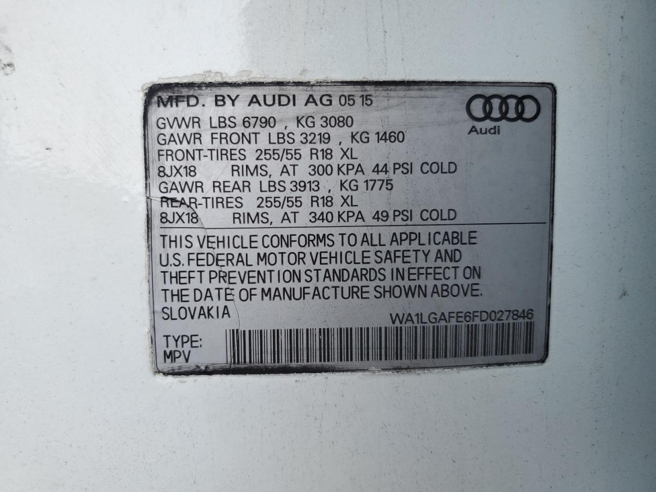 2015 Audi Q7 Premium Plus VIN: WA1LGAFE6FD027846 Lot: 62094954