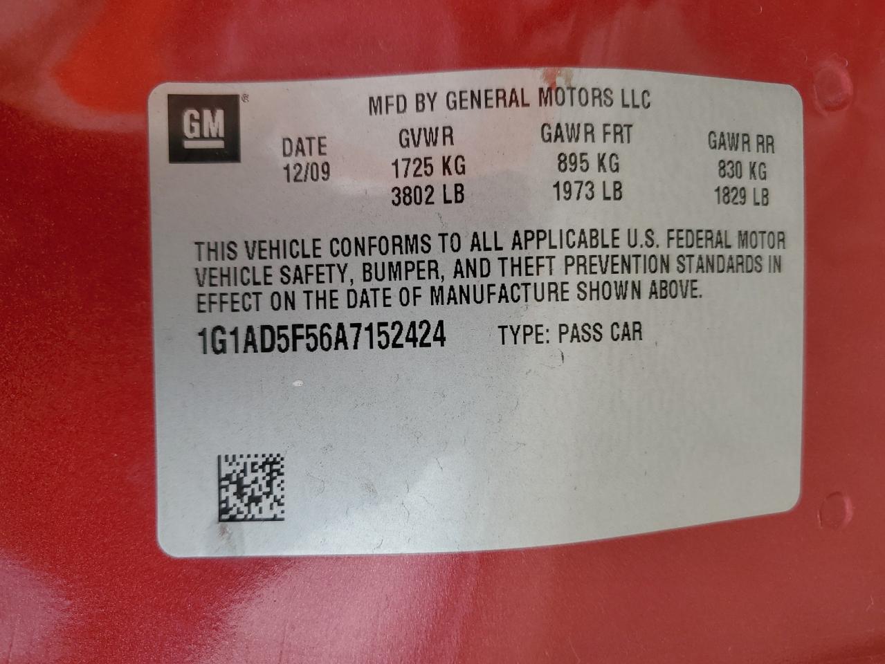 2010 Chevrolet Cobalt 1Lt VIN: 1G1AD5F56A7152424 Lot: 63439384