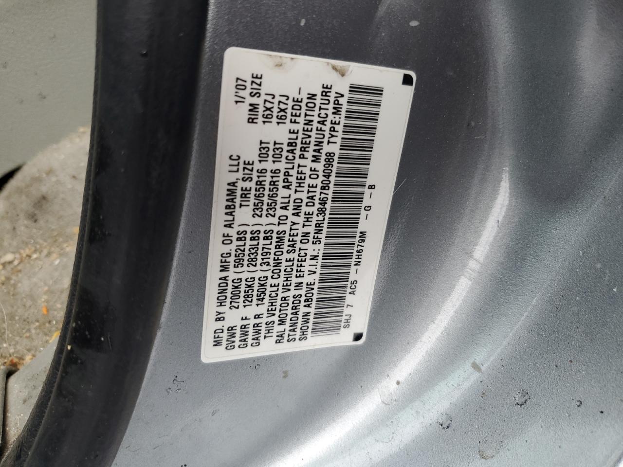 5FNRL38467B040988 2007 Honda Odyssey Ex