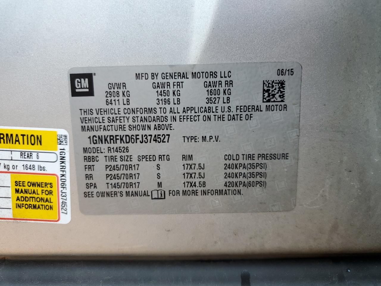 2015 Chevrolet Traverse Ls VIN: 1GNKRFKD6FJ374527 Lot: 62885574