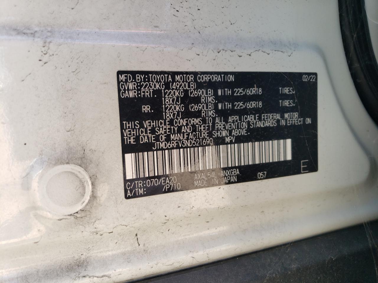 2022 Toyota Rav4 Limited VIN: JTMD6RFV3ND521690 Lot: 64969014