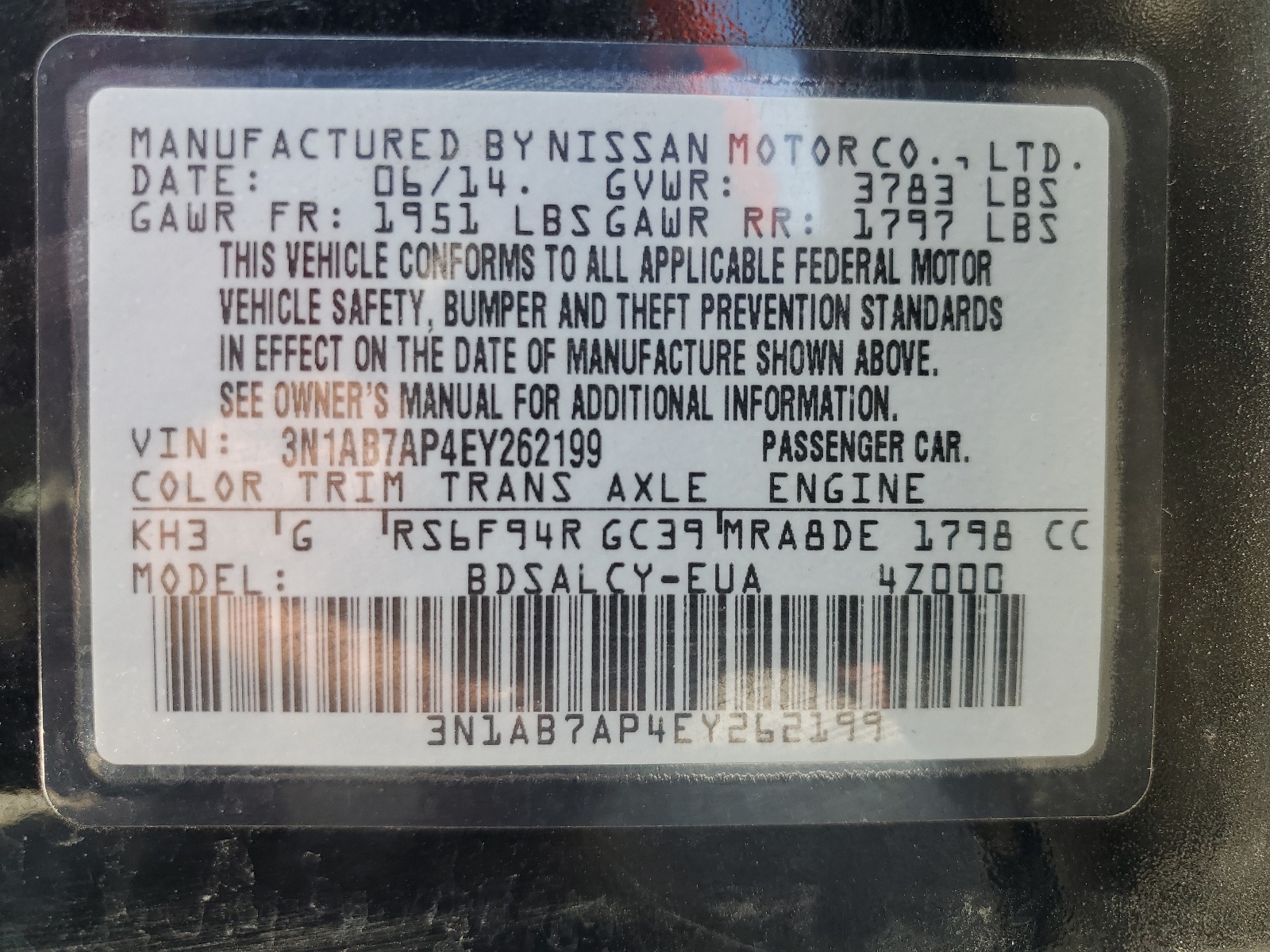 3N1AB7AP4EY262199 2014 Nissan Sentra S