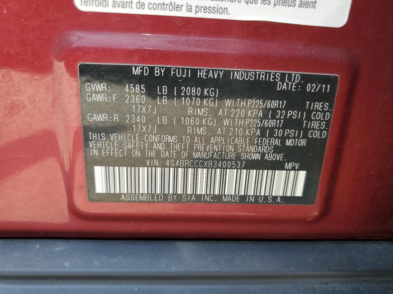 2011 Subaru Outback 2.5I Premium VIN: 4S4BRCCCXB3400537 Lot: 63892794