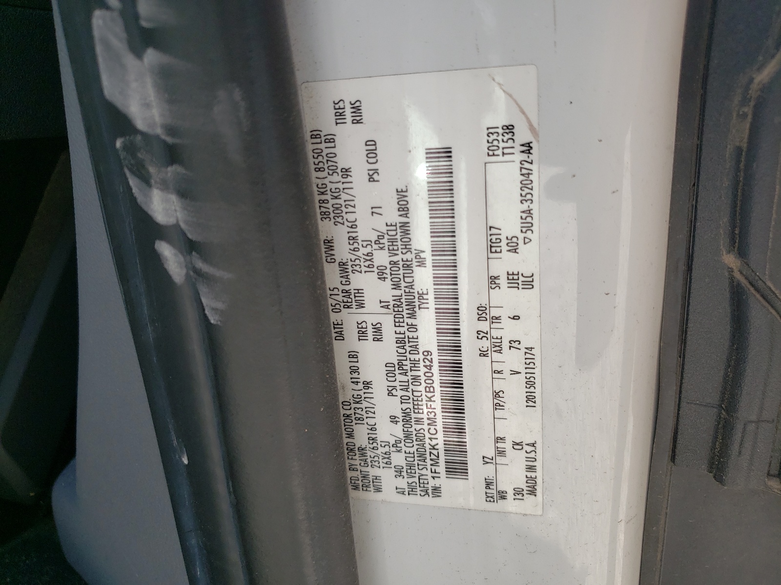 1FMZK1CM3FKB00429 2015 Ford Transit T-150