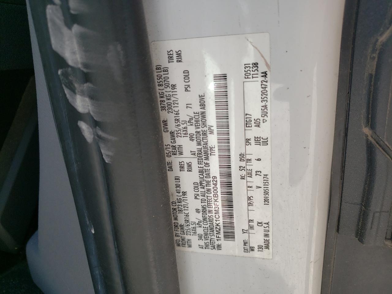 2015 Ford Transit T-150 VIN: 1FMZK1CM3FKB00429 Lot: 65648984