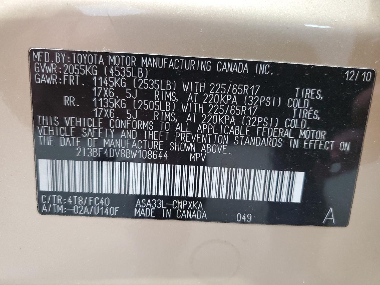 2011 Toyota Rav4 VIN: 2T3BF4DV8BW108644 Lot: 64873954